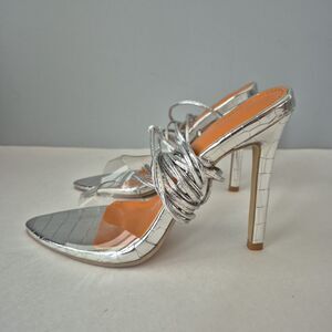 Boutique Silver Clear Open Toe Lace Up and Around the Calf High Heels Womens 6